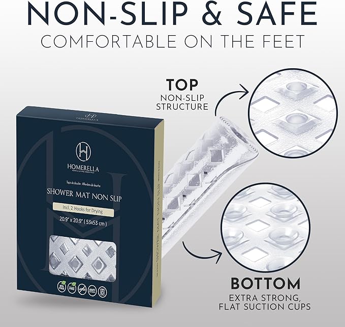 homerella® Shower Mat Non Slip Anti Mold, Non Slip Shower Mats for Inside Shower Stall Anti Slip Mat, Square Shower Floor Mat 21 x 21 in with Suction Cups & Hooks for Quick Drying, Machine Washable