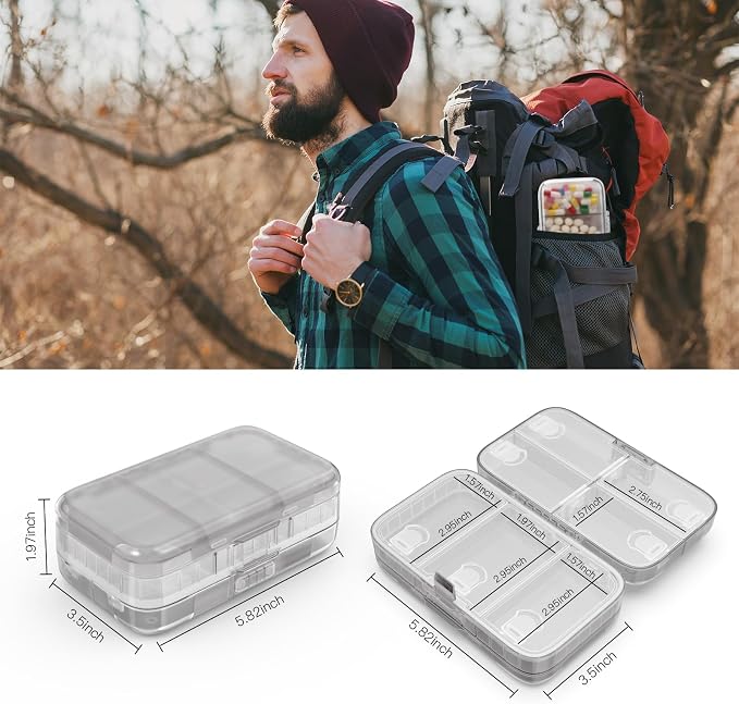 FYY Weekly Pill Organizer with Labels,8 Compartments Travel Daily Pill Case Airtight Moistureproof Large Pill Box to Hold Vitamins, Fish Oil, Supplements,Cotton Swab and Bandages-Grey