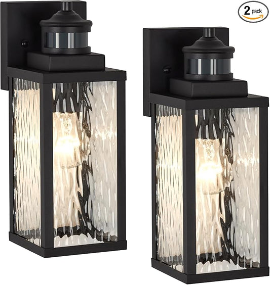 2 Pack Updated Dusk to Dawn Motion Sensor Outdoor Wall Light | Matte Black, Anti-Rust Aluminum, Waterproof, Water-Rippled Glass,Outdoor Wall Sconce for Porch, House,Garage & front door