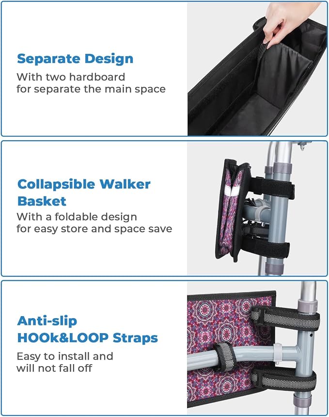 JOYTUTUS Walker Basket for Seniors, Basket for Walkers with Cup Holder, with Two Split Board, Foldable Walker Storage Bag, for Family and Friends, Purple Floral (Not Fit Rollator Walkers)