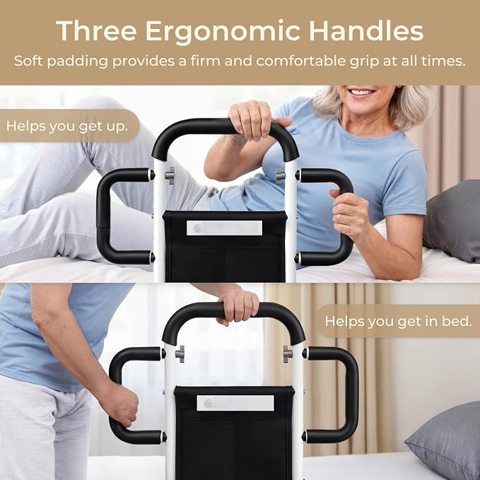 Bed Rails for Elderly Adults Safety, for 400Lbs, White | Bed Rail for Seniors with Motion Sensor Light, Height Adjustable Bed Assist Bar, Non-Slip Handle, Storage Bag