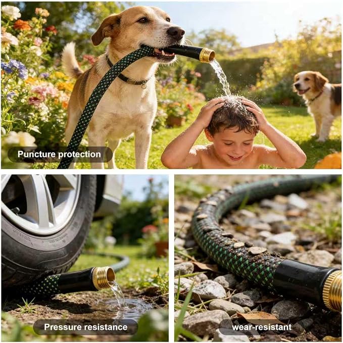 25ft Lightweight Non-Expandable Garden Hose with 10-Pattern Nozzle - Anti-Kink, Durable Triple-Layer Construction, Flexible All-Weather Hose for Watering, Car Wash, Pet Bathing