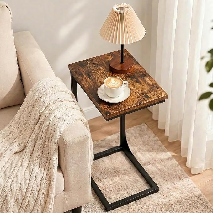 TEMI C Shaped End Table for Couch, Set of 2 Small Side Table for Sofa, TV Tray for Eating or Laptop, Accent Desk for Chair, Space Saving for Living Room Bedroom, Rustic Brown