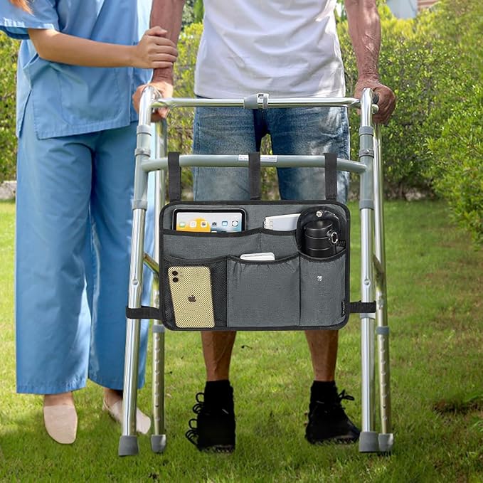 Walker Bag for Folding Walker, Walker Basket for Folding Walkers with Cup Holder Multiple Pockets Bag for Walkers for Seniors Rollator Accessories Bag (Grey)