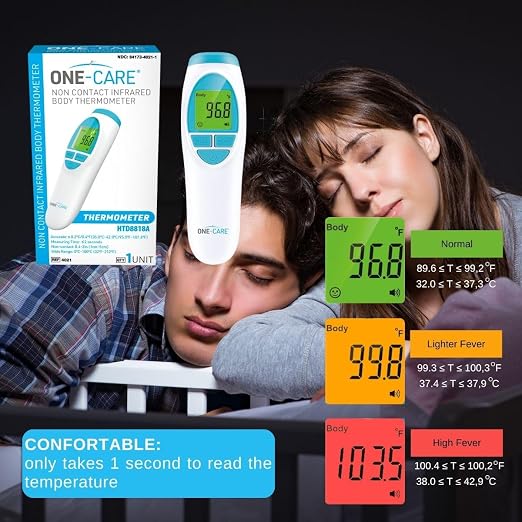ONE-CARE Infrared Thermometer HTD8813C, Non-Contact, Forehead & Room | Homedics Thermometer, High Accuracy, Fast Reading, Body & Room Temp, Newborn Baby to Adult, Fever Alarm, Large Display