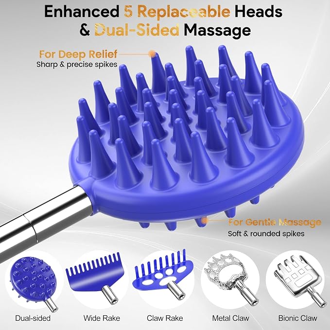 Telescoping Back Scratcher with 5 Detachable Heads, Gift for Men Blue | 10-30" Reach, Stainless Steel Pole, Rubber Grip, Christmas Stocking Stuffers, White Elephant, Anniversary and Birthday Gift