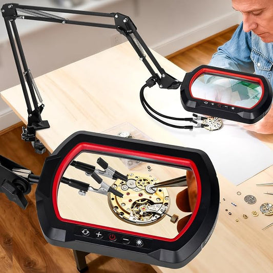 12X Square Magnifying Glass with Light and Clamp, Solder Helping Hand | Workbench Lighted Magnifier, 3-Section Swing Arm, 5 Colors Stepless Dimmable LED Desk Lamp with Stand for Hobby Repair Craft