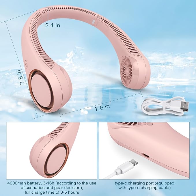 CIVPOWER Neck Fan: Portable Personal Neck Cooling Rechargeable Bladeless Fan - Hands Free 3 Speed 4000 mAh Battery USB Operated Wearable Headphone Design - Gift for Men Women Outdoor (Pink)