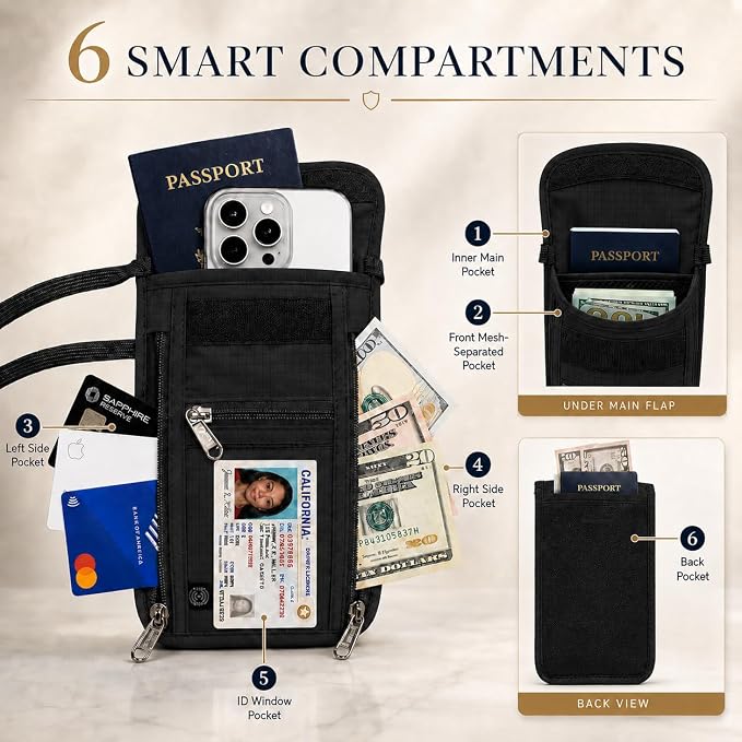 Voyager Neck Wallet RFID Blocking Passport Holder, Light 6-Compartment Hidden Travel Pouch with Adjustable Strap, Water-Resistant Wallet for Cash, Cards & ID (Black, Pro (8" x 5.5"))