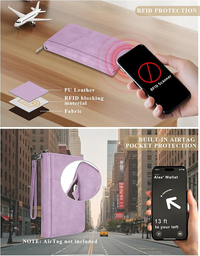 Family Passport Holder Wallet RFID Travel Document Organizer for Women Men, Portable Case Cover for Cards, Boarding Pass with Wrist & Neck Double Strap, Travel Gifts (Purple, 1pack)