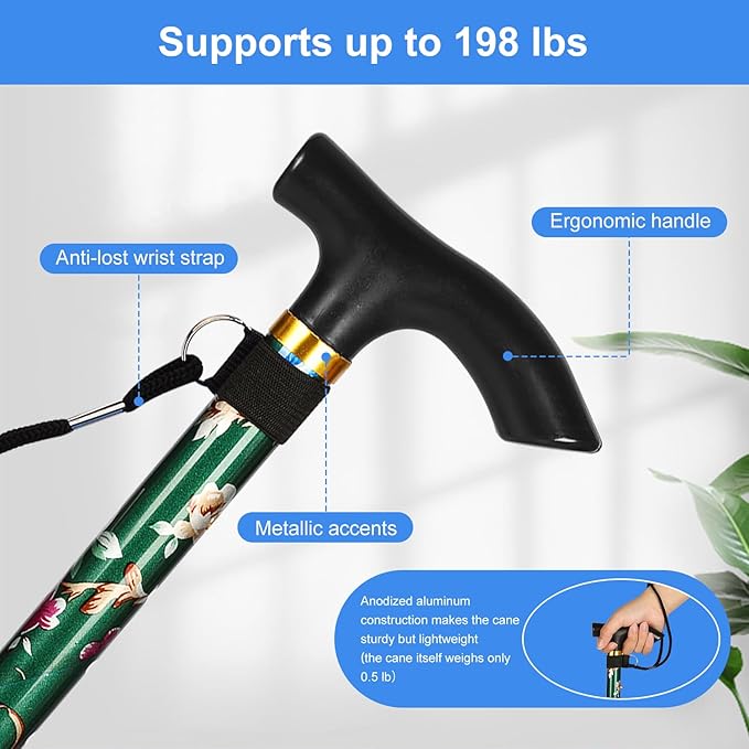 supregear Folding Cane, 5-Level Adjustable Height Walking Stick Lightweight Collapsible Portable Travel Cane with Wrist Strap and T Handle for Elderly Disabled Men Women