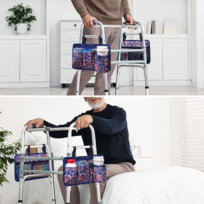 BAGSFY 2-Pack Walker Side Bag, Universal Walker Accessories with Cup Holder, Waterproof Folding Walker Organizer Caddy Pouch for Most Walkers with Side Bars, Double-Sided Storage for Seniors & Elderly