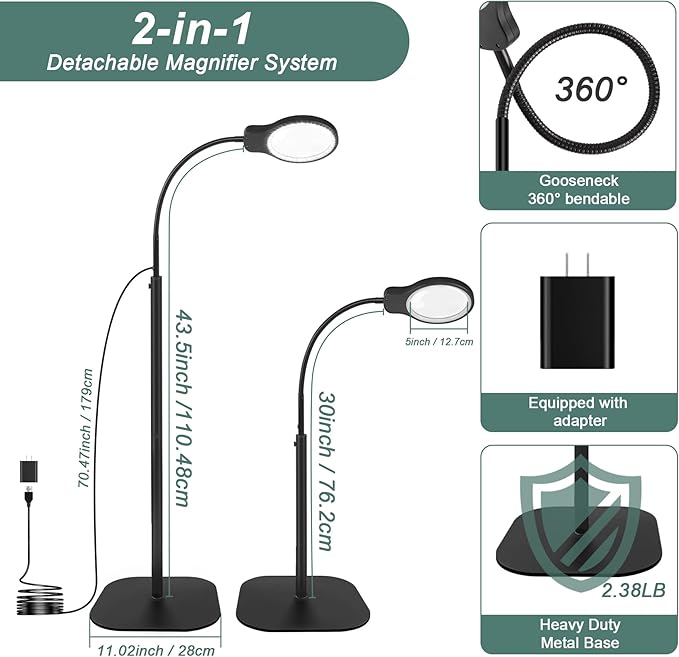 10X 30X Magnifying Glass with Light and Stand, 5" Large Floor Magnifier for Close Work, 5 Color Modes, Lighted Magnifying Lamp for Reading, Jewelers, Crafts, Sewing