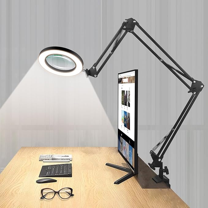 NOEVSBIG Magnifying Glass Desk Lamp with 3-Section Swing Arm and Big Clamp, Magnifying Glass with Light and Stand, 10X Wide Desk Magnifier Light for Reading/Office/Crafting/Close Work