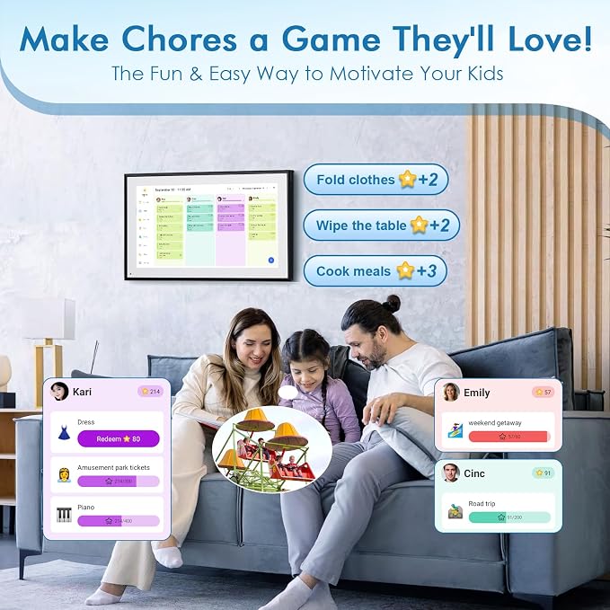 15.6" Digital Calendar Smart Chore Chart & Electronic Planner | IPS Touchscreen Sync Google/iCloud Meal Planner,Wall/Desk Mount Digital Photo Frame Gift for Mom Black