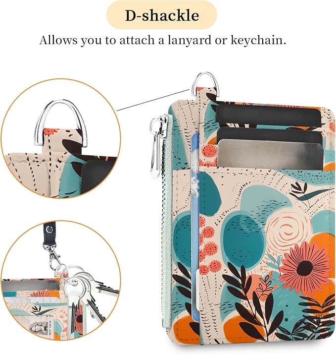Hancynir Boho Floral Small Wallet Women Credit Card Holder, Slim RFID | Zipper Keychain Wallet, Travel Coin Front Pocket, Ladies Women Gifts, Thin Minimalist Card Case, 6 Card Slots, PU Leather