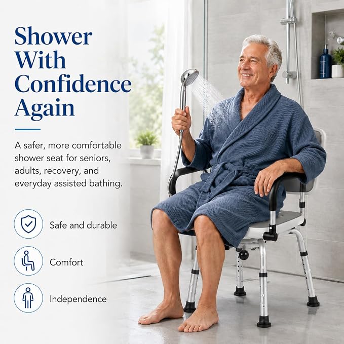 Deluxe Swivel Shower Chair with Arms & Back by CZMY, 360° Locking Seat, 5-Level Height Adjustable, Padded Heavy-Duty Bath Chair, 300 lbs, for Seniors, Elderly, & Disabled (Grey with Flip-Up Arms)