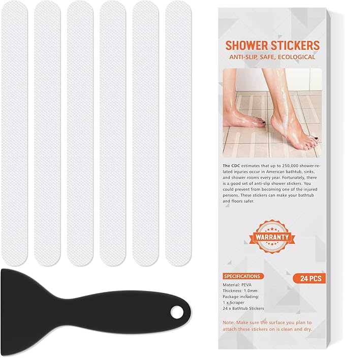 Non Slip Bathtub Stickers, 24 PCS Shower Stickers for Safety Bathroom Tubs, Bathtub Non Slip Stickers and Adhesive Decals Scraper for Bath Tub, Shower Floor, Stairs, Ladders(White)