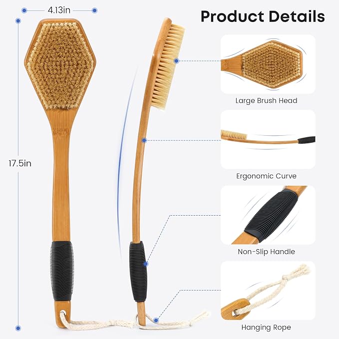 eaxun 17.5 Inches Bamboo Back Scrubber for Shower with Curved Long Handle | Natural Boar Bristles, Shower Brush with Anti-Slip Grip, Exfoliating Back Washer for Bath or Dry Brushing, Men & Women