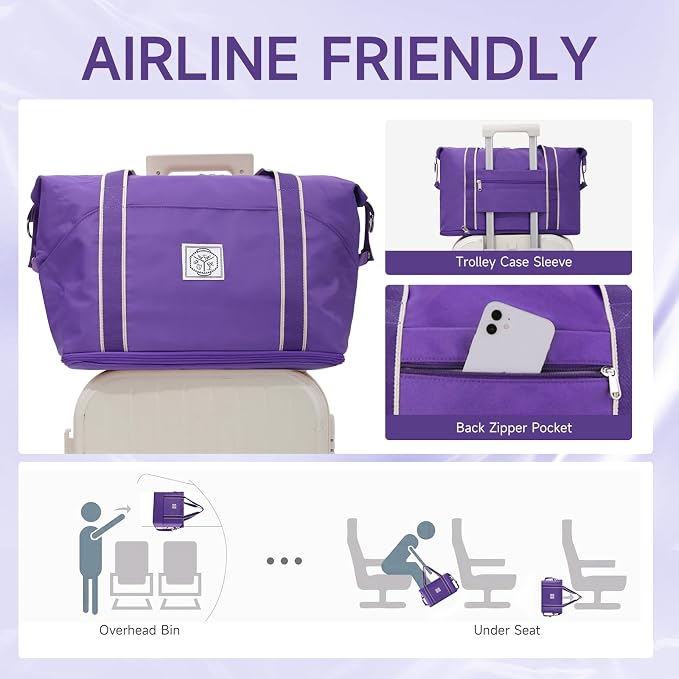 WALNEW Travel Duffel Bag, Weekender Overnight Carry On Bag for Women Men, Foldable Waterproof Gym Luggage Duffle Bag with Metal Buckle Detachable Shoulder Strap and Wet Compartment (Purple)