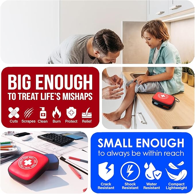 EVERLIT CARE MiniAid First Aid Kit | Compact & Lightweight Case with Carabiners for Travel | Family & Kid Friendly 180 Pcs Wound Care Supplies for School, Work, Outdoor, Home & Office | Pack of 3
