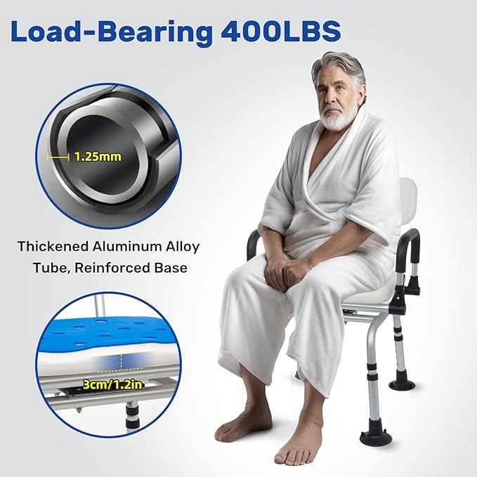 Swivel Shower Chair with Drop Arms for Inside Shower, 360° Rotating Bath Seat for Elderly & Disabled, Adjustable Height Shower Chair with Cushions & Accessories, Compact Design, 350 LBS Capacity