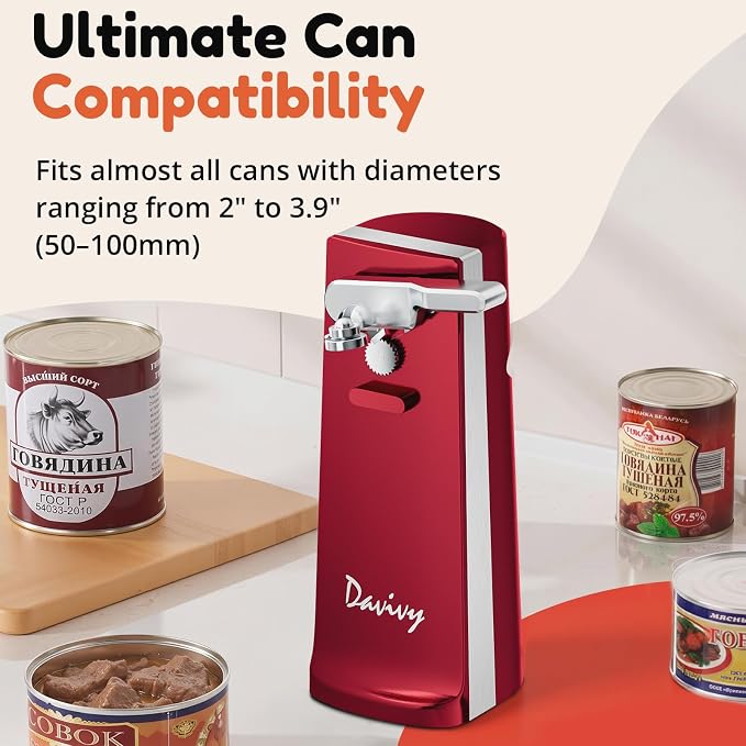 Davivy Electric Operated Can Opener for One Millet Opener, Removable Stainless Steel Cutter and 3-in-1 Design with Knife Sharpener and Bottle Opener (ABS-Red)