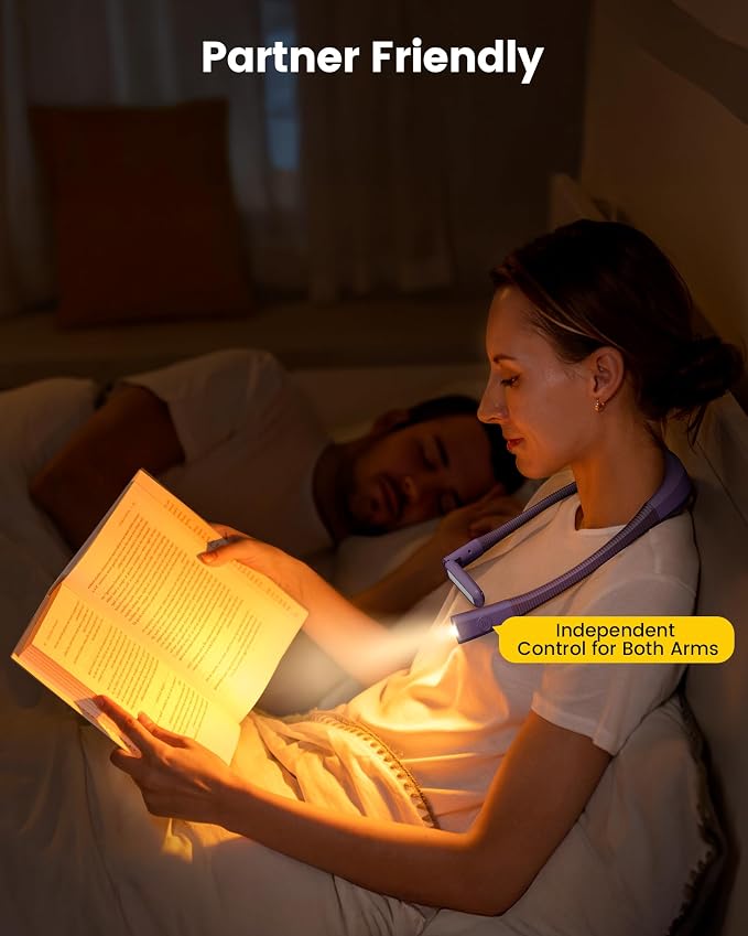 Glocusent Bendable Neck Light, 100 Hours Reading Light for Book Lover Gifts | Hands-Free, Knitting, Crafting, Repairing, 5-Color, Stepless Dimming, Ergonomic, Rechargeable, Eye Care, Sleep Aid, Traveling