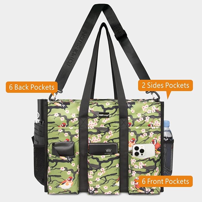 TOPDesign Utility Water Resistant Tote Bag with 22 Pockets, Top Zipper Closure & Thick Bottom Support, for Working Women