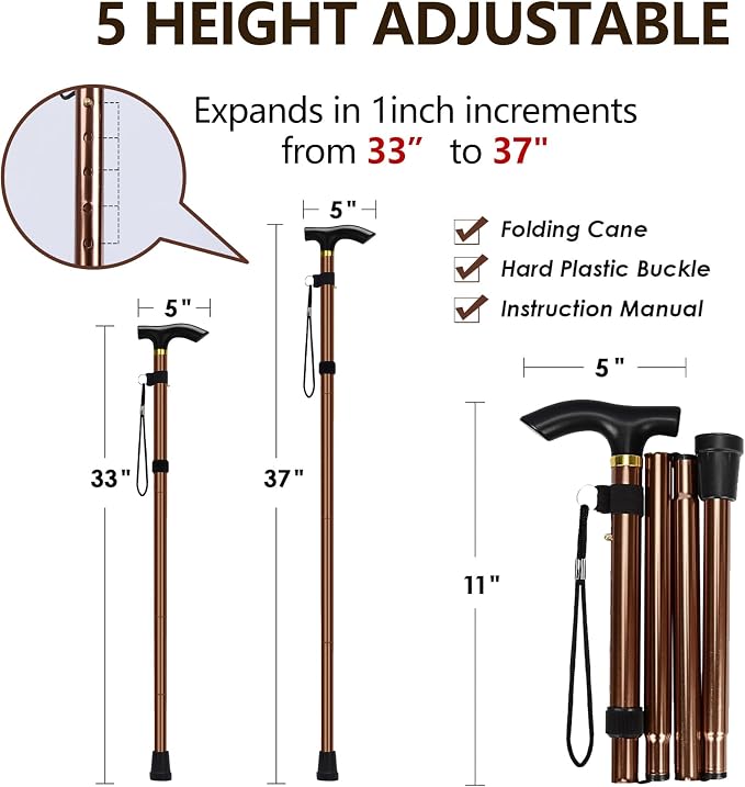 Walking Cane, Folding Cane for Man & Women, Portable Lightweight | 5-Level Adjustable Height, Collapsible Cane for Seniors Balancing Mobility Aid