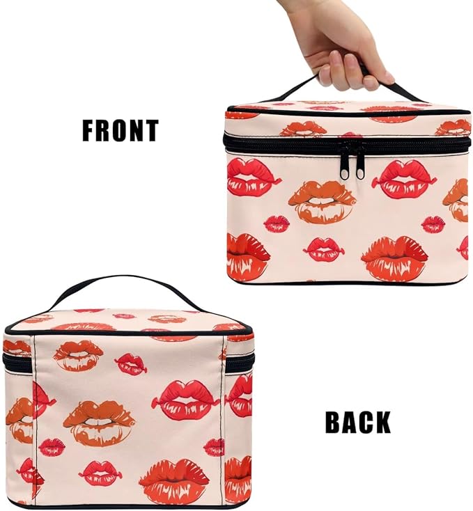 Red Kiss Lips Makeup Bag Travel Cosmetic Bag for Women, Women Lip Pattern Portable Travel Bag for Toiletries Makeup Box
