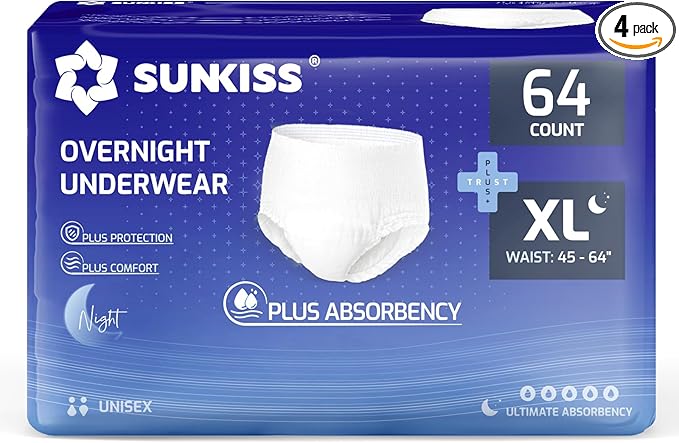 SUNKISS TrustPlus Incontinence Disposable Underwear for Men and Women, Adult Pull Ups with Heavy Absorbency, Leak Protection, Odor Control, XLarge Overnight, 64 Count (4 Packs of 16)
