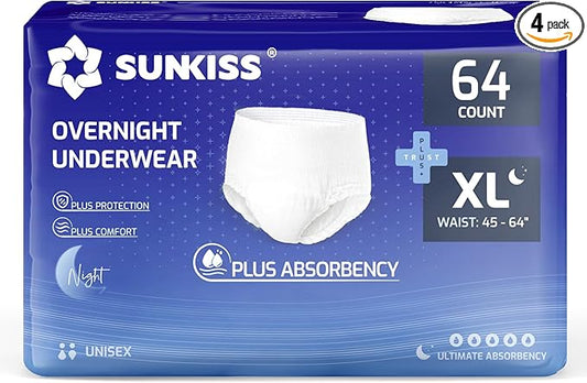 SUNKISS TrustPlus Incontinence Disposable Underwear for Men and Women, Adult Pull Ups with Heavy Absorbency, Leak Protection, Odor Control, XLarge Overnight, 64 Count (4 Packs of 16)