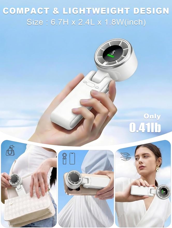 Portable Handheld Turbo Fan, 5 Gear Wind, Battery Operated, Up to 13 Working Hours Rechargeable Fan, 3 IN 1 Hand Fans with Air Turbo Tech Cooling Fan for for Travel, Beach, Outdoor - White