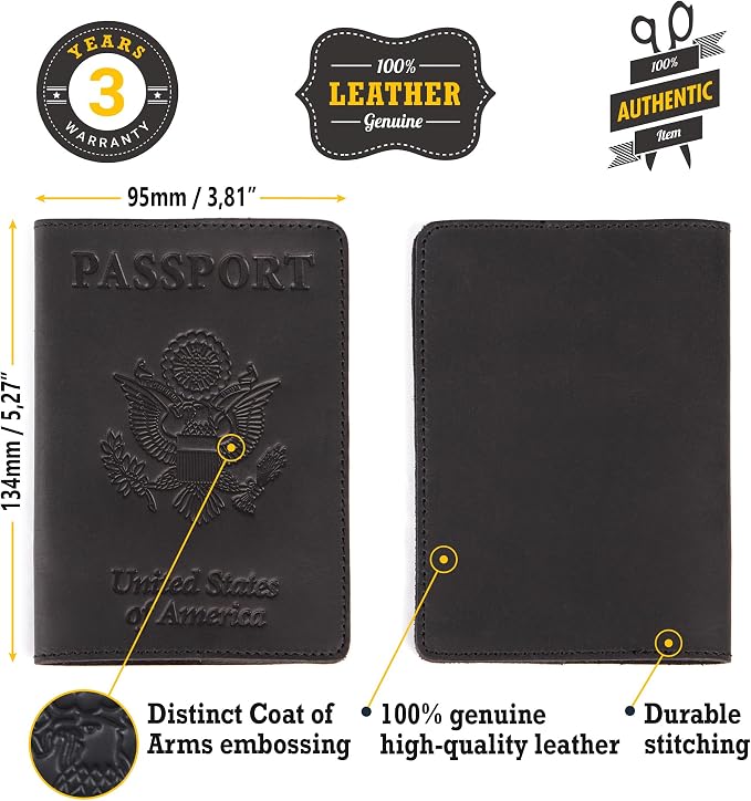 US Leather Passport Book Cover - Thin American Travel Passport Holder - Premium International USA Passport Protector Case for Women Men (Black Vintage New)