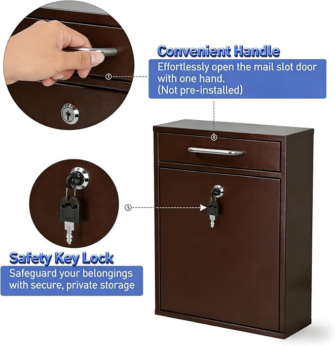 KYODOLED Locking Wall Mount Mailbox for Outside, Drop Box, X-Large, Bronze | Heavy-Duty Steel, Outdoor Mail Box with Key Lock, Large Capacity, Home, Office & Apartment Use, 16.2H × 11.2L × 4.6W In