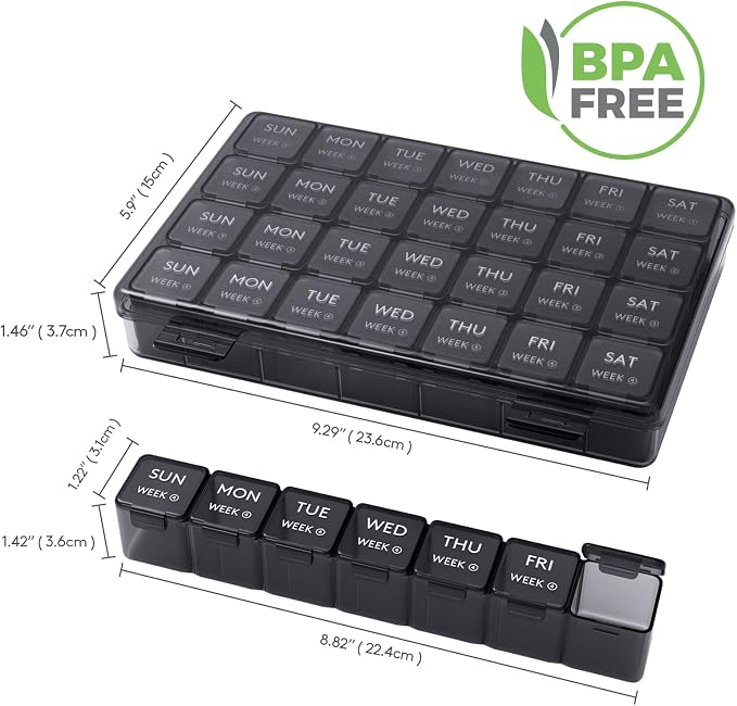 Lifewit Monthly Pill Organizer, 28 Day Pill Box, 4 Weeks One Month Vitamin Cases, Large Compartments Medicine Organizer for Fish Oils, Supplements, 28 Grids, Black