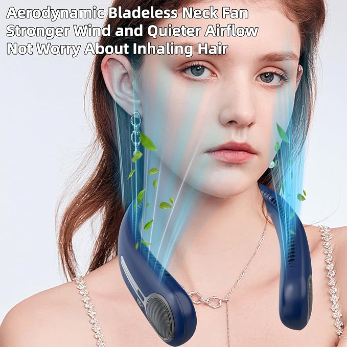 Portable Neck Fan, Personal Wearable Bladeless Fan, 6000mAh USB Rechargeable, 360° Airflow, LED Display, 4-Speeds, Hands Free Fan for Outdoor Indoor, Birthday Gifts for Men Women Dad Mom (Blue)