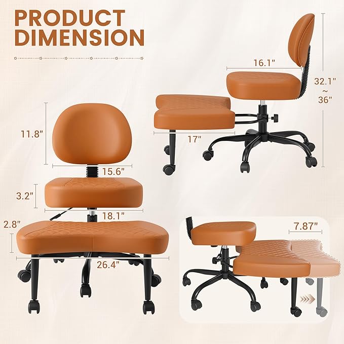 Ergonomic Cross Legged Office Chair with Wheels - Adjustable Height Kneeling Meditation Chairs for ADHD, Yoga & Desk Work - Wide Criss Cross Seat with Lumbar Support, Brown
