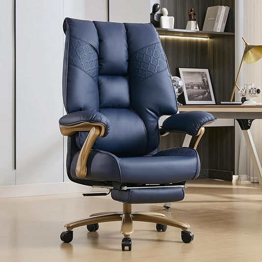 Big and Tall Executive Office Chair with Footrest, 400LBS Capacity Ergonomic High-Back Desk Office Chair with Lumbar Support, Padded Armrests & Thick Cushion, Blue PU Leather Chairs