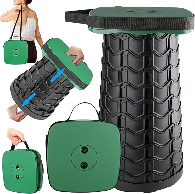 Upgraded Collapsible Stool Portable for Adults Heavy Duty, 620lbs Max Weight, Square Foldable Stool Thickened Telescoping Folding Seat for Camping Hiking, Outdoor, Travel(Square) (Green)