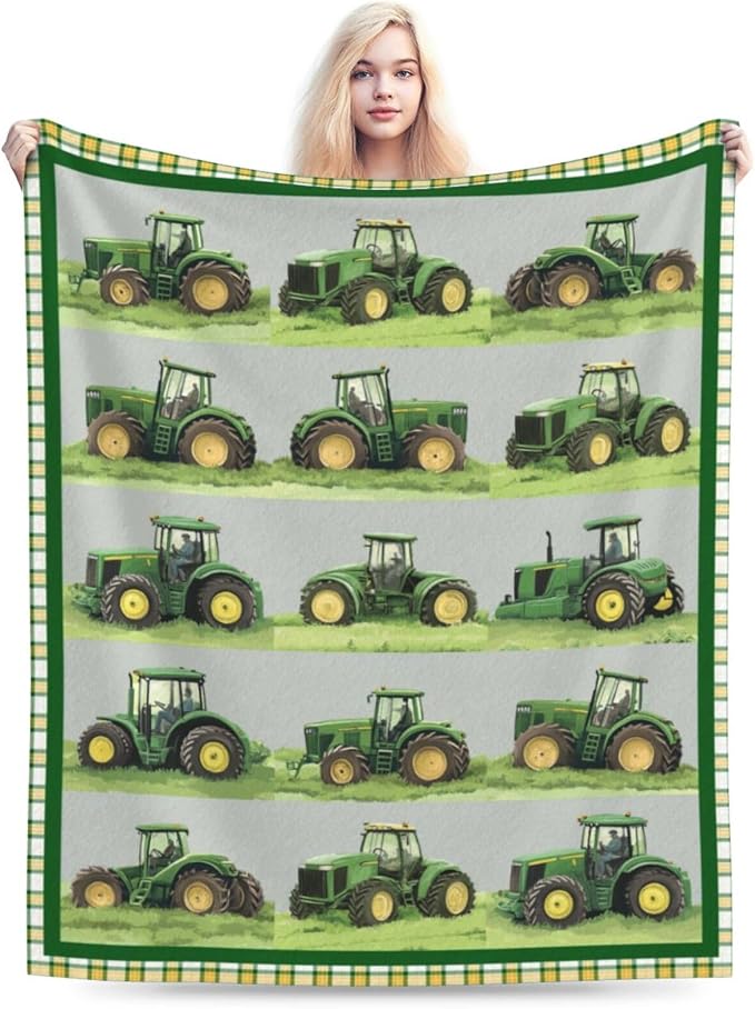 Truck Blanket Soft Cozy Green Truck Plush Throw Blanket Warm Equipment Tractor Flannel Fleece Bedding Stuff Decor Blanket Gifts for Lover Teens Kids Girls Boys Women Adults Bed Travel 50"x60"
