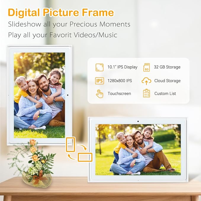 10.1" Frameo WiFi Digital Picture Frame Gift for Elders | 32GB Expandable Storage Auto-orientation Display Offline SD card Playback