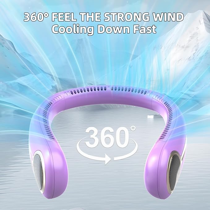 Portable Neck Fan, Personal Wearable Bladeless Fan, 6000mAh USB Rechargeable, 360° Airflow, LED Display, 4-Speeds, Hands Free Fan for Outdoor Indoor, Birthday Gifts for Men Women Dad Mom (Purple)