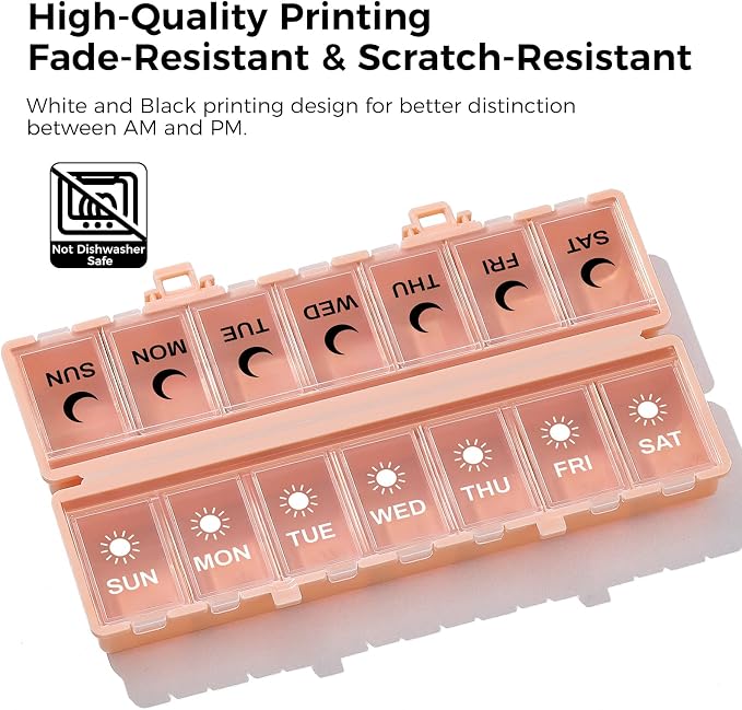 Foldable Pill Organizer Weekly 2 Times a Day, 7 Day Portable AM PM Travel Pill Case with Black&White Labels, Dual-Protection Daily Medicine Box, Large Pill Container for Vitamin/Supplement-Pink