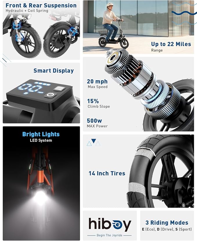 Hiboy Q2 Adult Electric Scooter with Seat & Phone Holder – 500W Motor, 22mi Range, 14" Wheels, Dual Suspension, Neon Lights, Foldable for Commute & Campus
