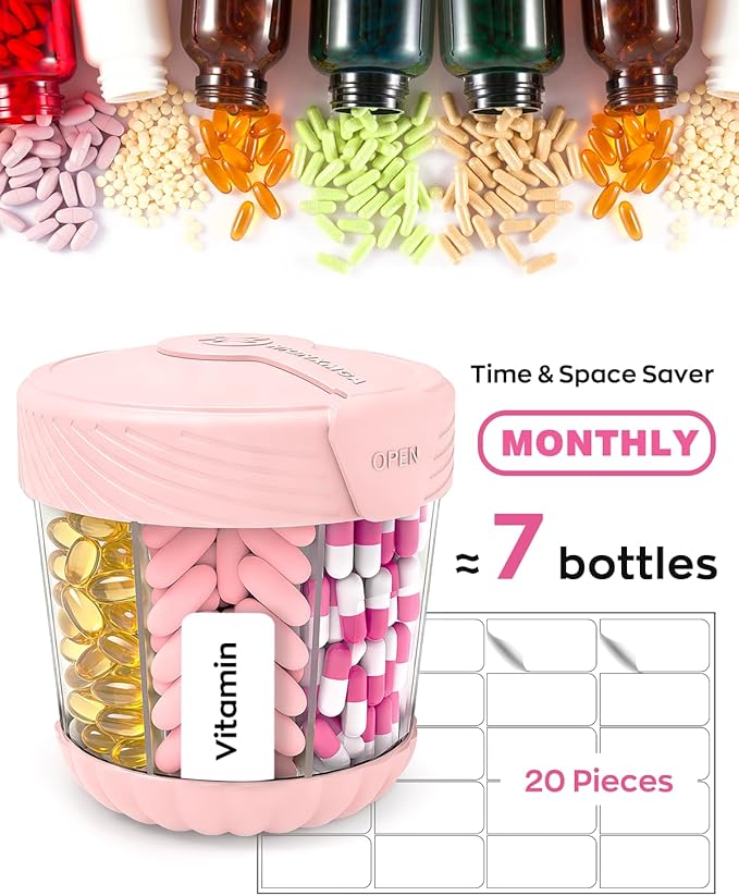 Cute Pill Dispenser with 7 Large Compartments, Portable Pill Bottle Organizer with Wide Opening for Travel, Anti-Mixing Pill Container, Shatterproof BPA-Free, Includes 20 Pcs Labels, Pink