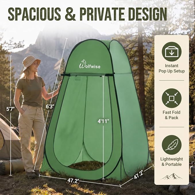 WolfWise Pop Up Shower Tent for Camping Essentials, Compact & Lightweight | Portable Instant Changing Tent with Window & Carry Bag, Privacy Dressing Room Bathroom for Outdoor, 6'3"/6'11" H