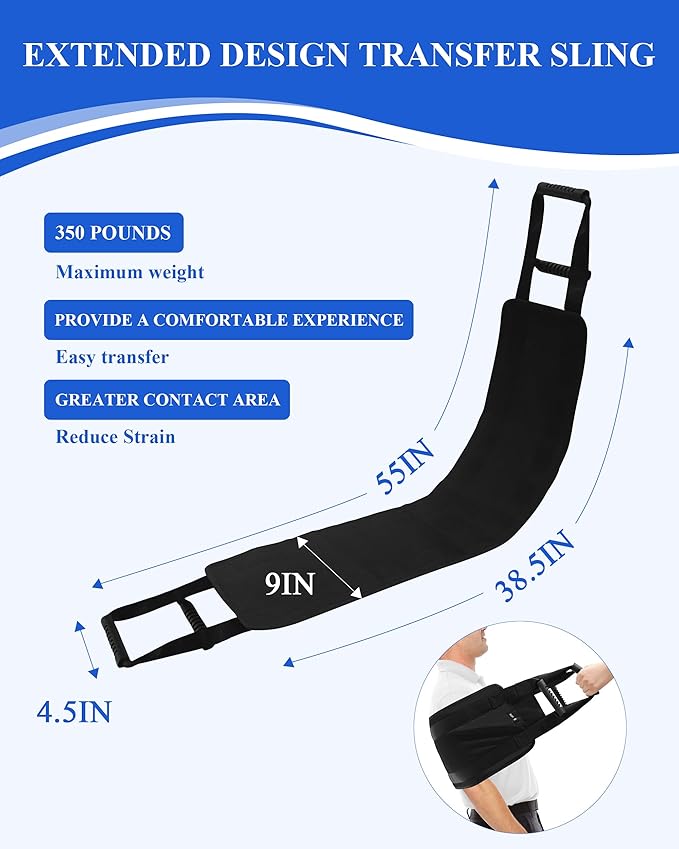 SPRING SEAON Transfer Sling - Essential Transfer Belt Lifting Strap for Elderly and Disabled with Mobility Aids- Lift Assist Gait Belts for Seniors for Home, Hospital, Nursing Care (Black)