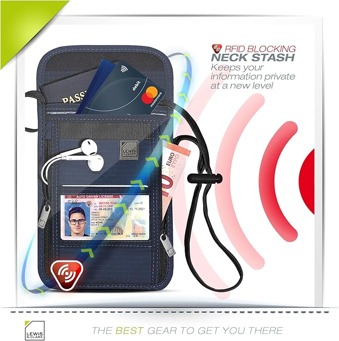 Lewis N. Clark Stash Neck Travel Wallet | RFID Blocking Passport Holder | Protect Personal Information | Navy